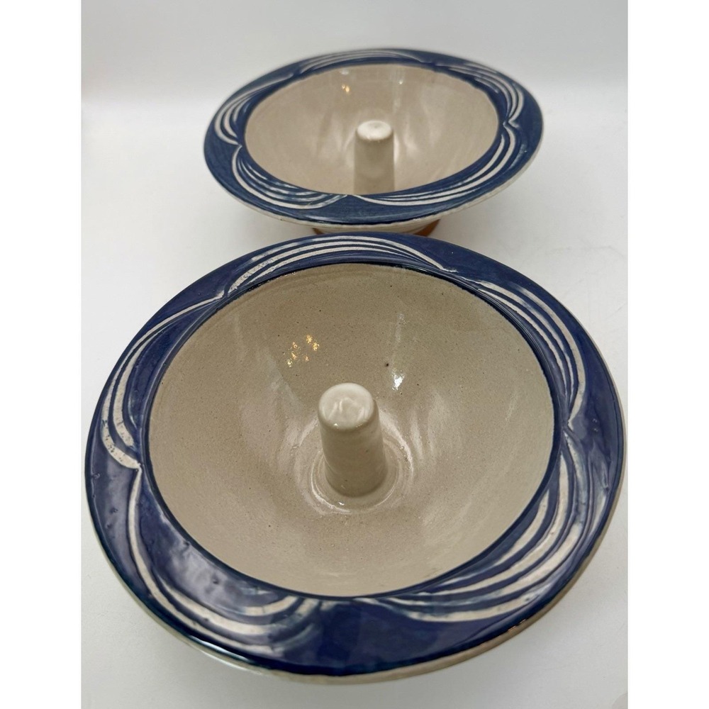 Pair Original Apple Baker Christian Ridge Pottery Paris Maine Blue Swirl